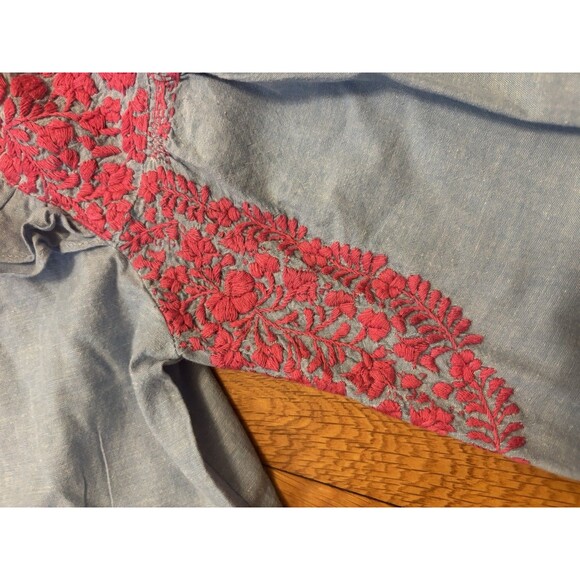 Mi Golondrina Fernanda Top Blouse Embroidered Blue Chambray Pink Floral XS - Picture 3 of 10